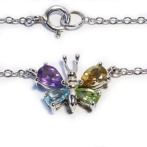 925 Sterling Silver Pendant Necklace Butterfly Multi Gemstone 16in 90s Vtg Y2K